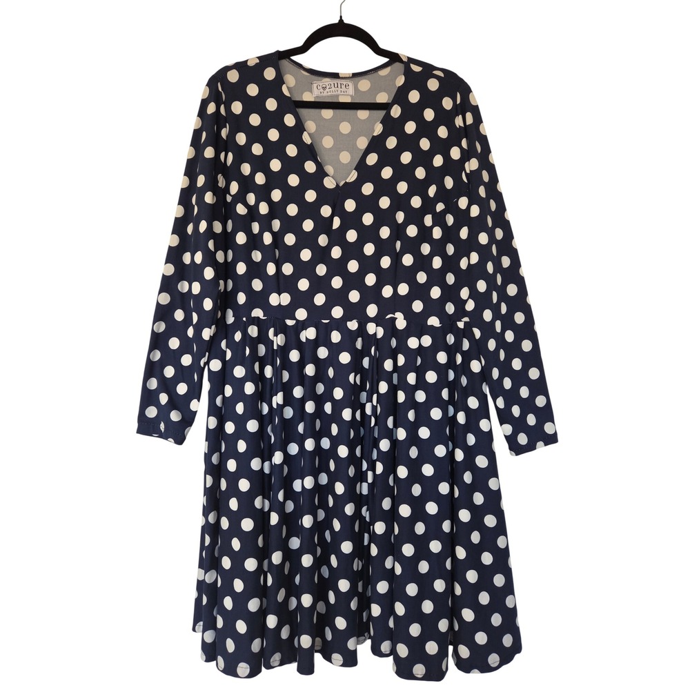 Blue White Polka Dot Long Sleeve Dress 1X Rockabilly Indie Artsy Twee Retro 70s